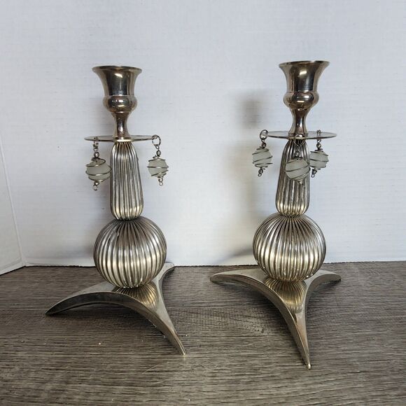 Unbranded Other - Pair Silvertone Candlestick Holders Art Deco/MCM style Atomic shape
